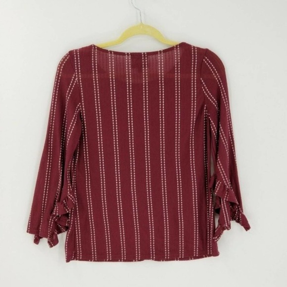 Anthropologie W5 Red Ruffle Cuff Pin Stripe Round Neck Blouse Top Size Small - Picture 2 of 4